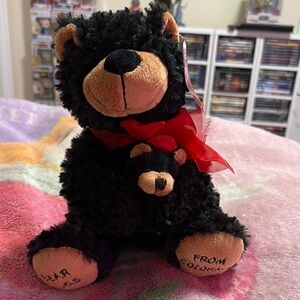 Plush Black Bear Toy with Red Bow